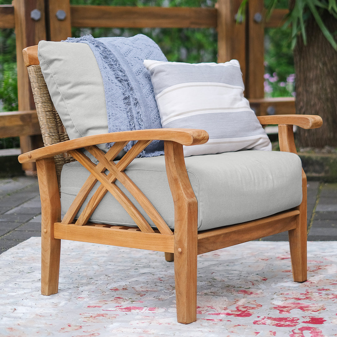 [DETAILS] Carmel Teak Wood 5 Piece Patio Conversation Set with Oyster Cushion