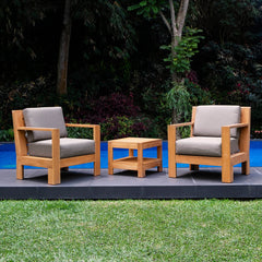 Logan 3 Pieces Teak Wood Patio Conversation Set with Sunbrella Cast Shale Cushion