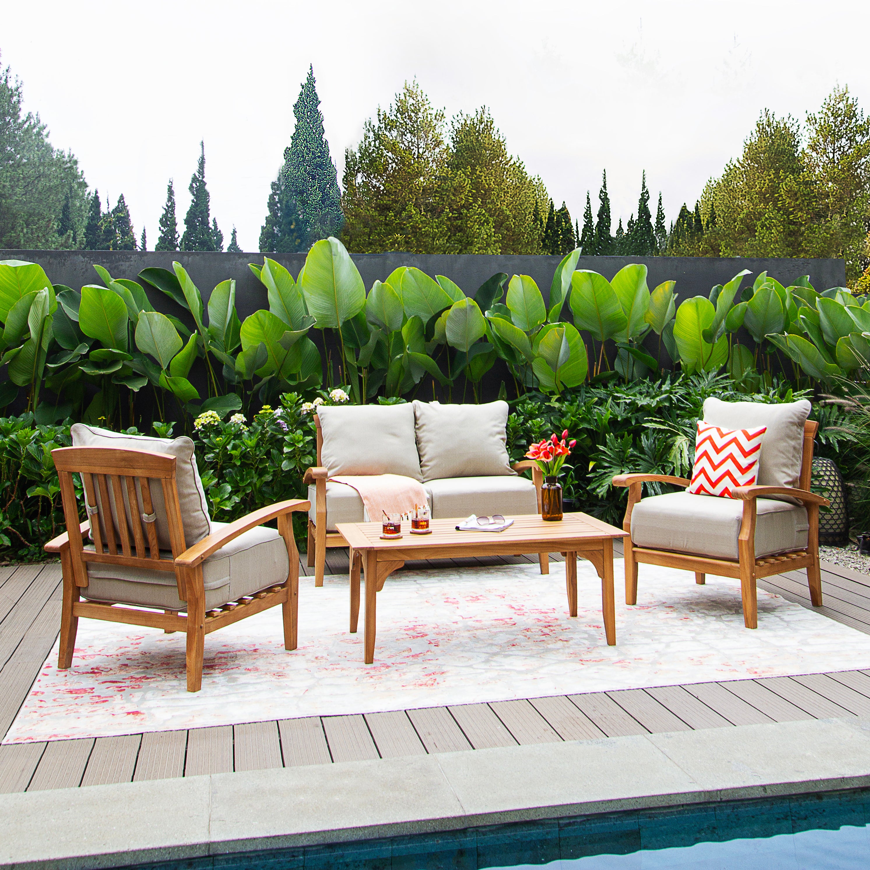 Caterina Teak Wood 4 Piece Patio Conversation Set with Beige Cushion