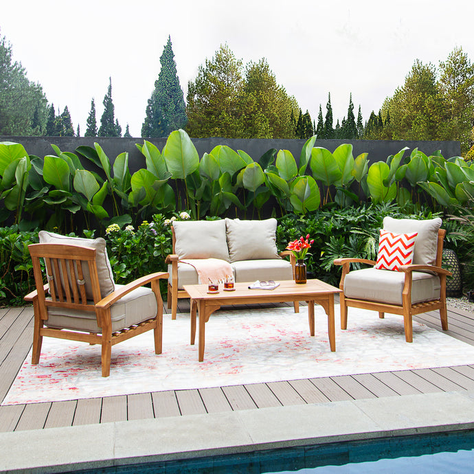 Caterina Teak Wood 4 Piece Patio Conversation Set with Beige Cushion