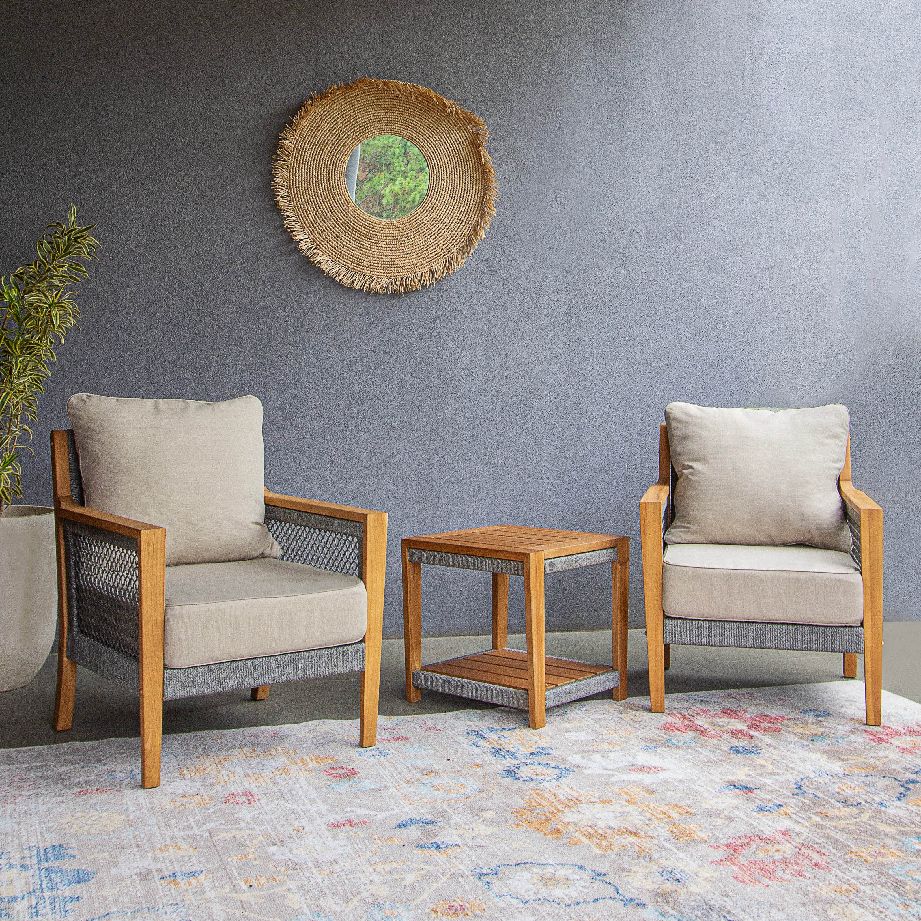 Nassau Teak Wood 3 Piece Patio Conversation Set with Beige Cushion - Cambridge Casual
