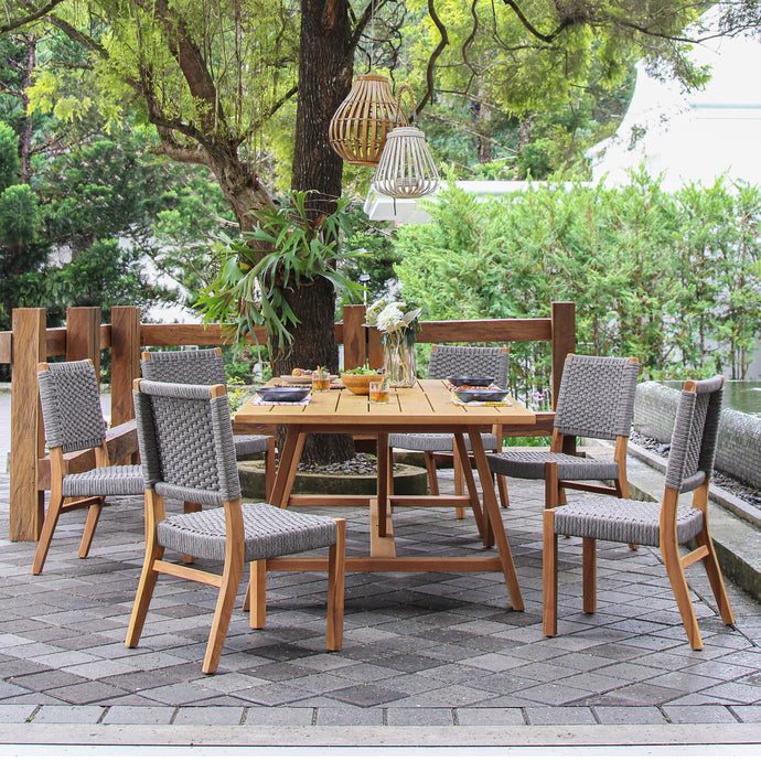 Zephyr Teak Wood 7 Piece Outdoor Dining Set with Gray Polyrope