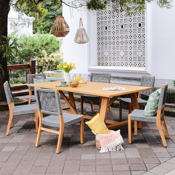 Nassau Teak Wood 7 Pieces Outdoor Dining Set with Gray Polyrope