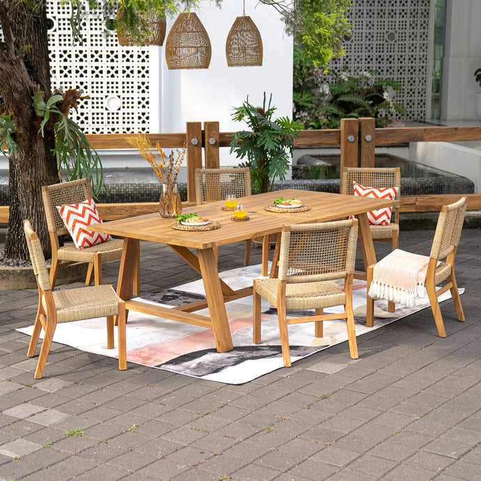 Sierra Teak Wood 7 Pieces Outdoor Dining Set with Honey Twist Wicker