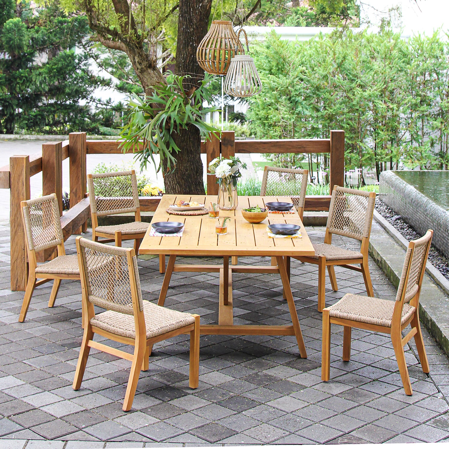 Carmel Teak Wood 7 Piece Outdoor Dining Set with Tan Polyrope