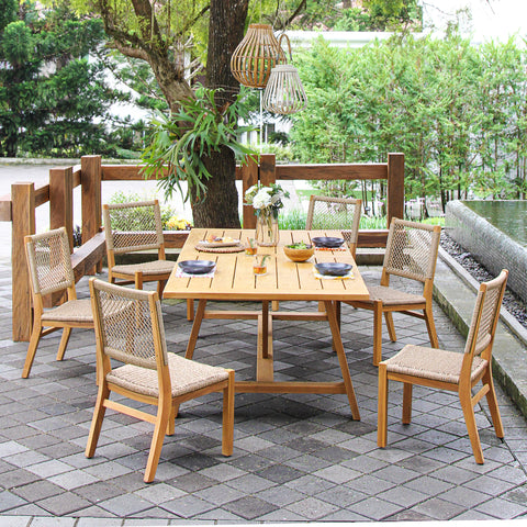 Carmel Teak Wood 7 Pieces Outdoor Dining Set with Tan Polyrope