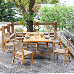 Carmel Teak Wood 7 Pieces Outdoor Dining Set with Honey Twist Wicker