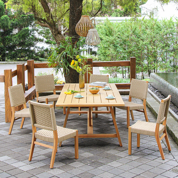 Zephyr Teak Wood 7 Piece Outdoor Dining Set with Tan Polyrope