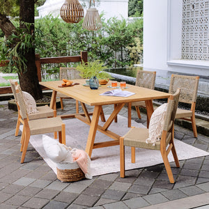 Nassau Teak Wood 7 Piece Outdoor Dining Set with Tan Polyrope