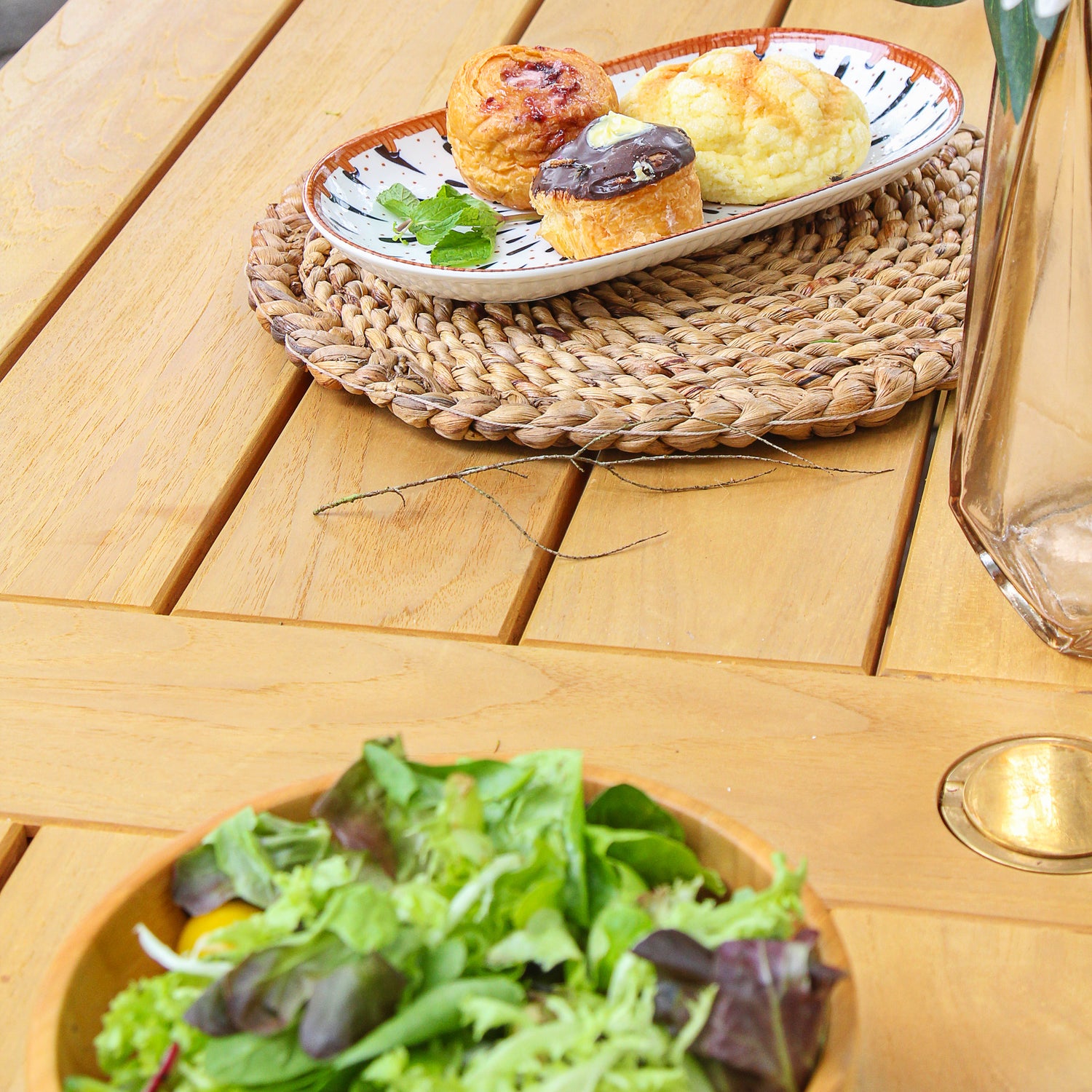 Nassau Teak Wood 7 Piece Outdoor Dining Set with Tan Polyrope