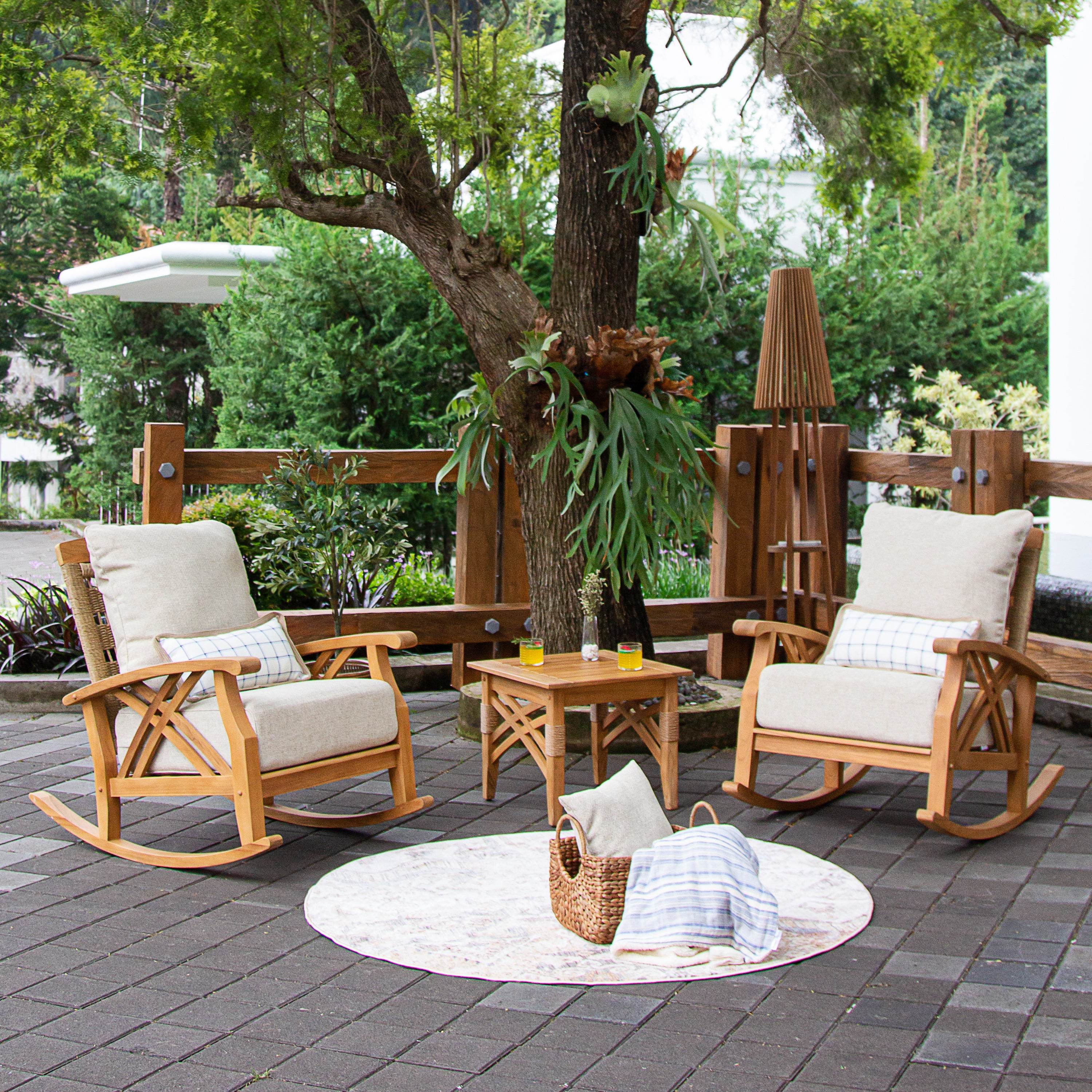 Carmel 3 Pieces Teak Wood Patio Rocker Conversation Set with Tan ...