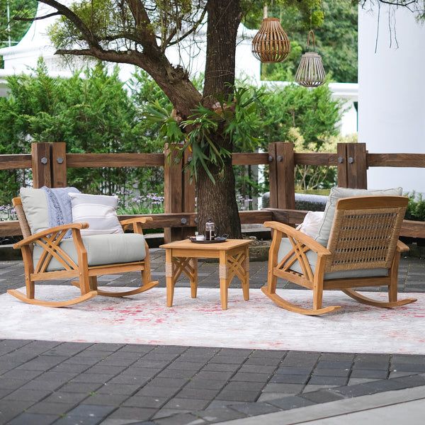 Carmel Teak Wood 3 Piece Patio Rocker Conversation Set with Oyster Cushion [DETAILS]