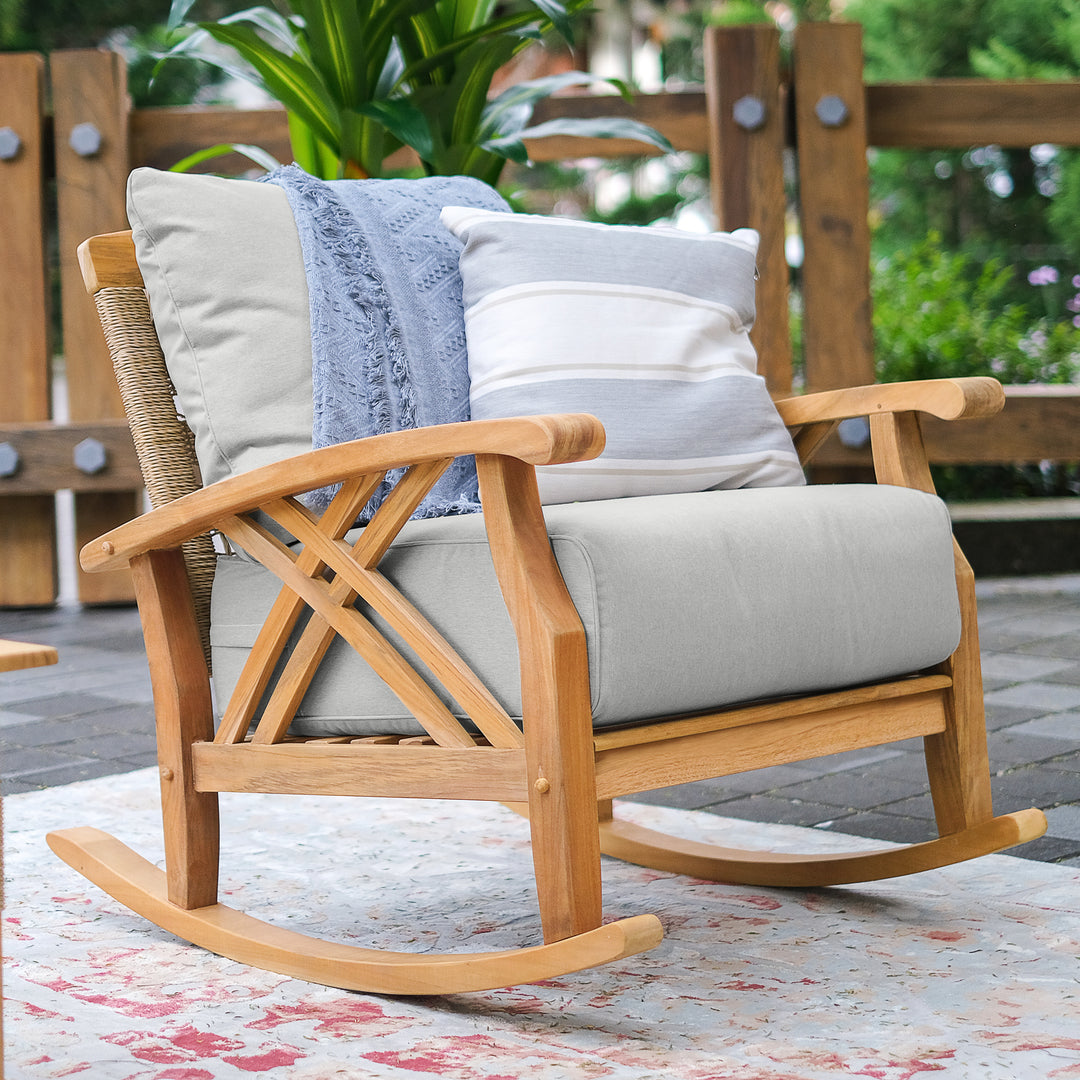 [DETAILS] Carmel Teak Wood 3 Piece Patio Rocker Conversation Set with Oyster Cushion