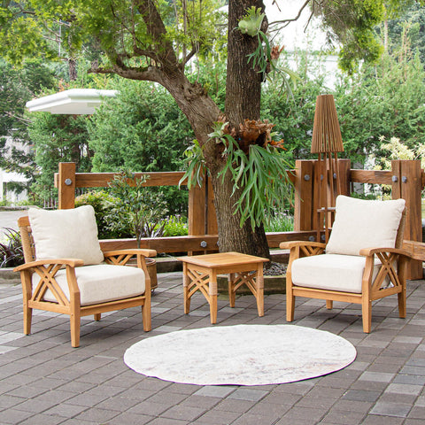Carmel 3 Piece Teak Wood Patio Conversation Set with Tan Cushion