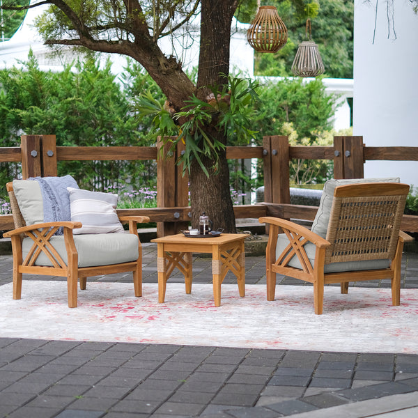 Carmel Teak Wood 3 Piece Patio Conversation Set with Oyster Cushion [DETAILS]