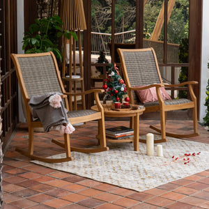 Auburn Upholstered Teak Wood 3 Piece Porch Rocker Conversation Set