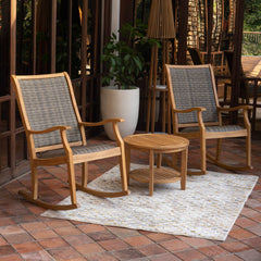 Dunham Teak Wood 3 Piece Porch Rocker Conversation Set with Padded Woven Seat