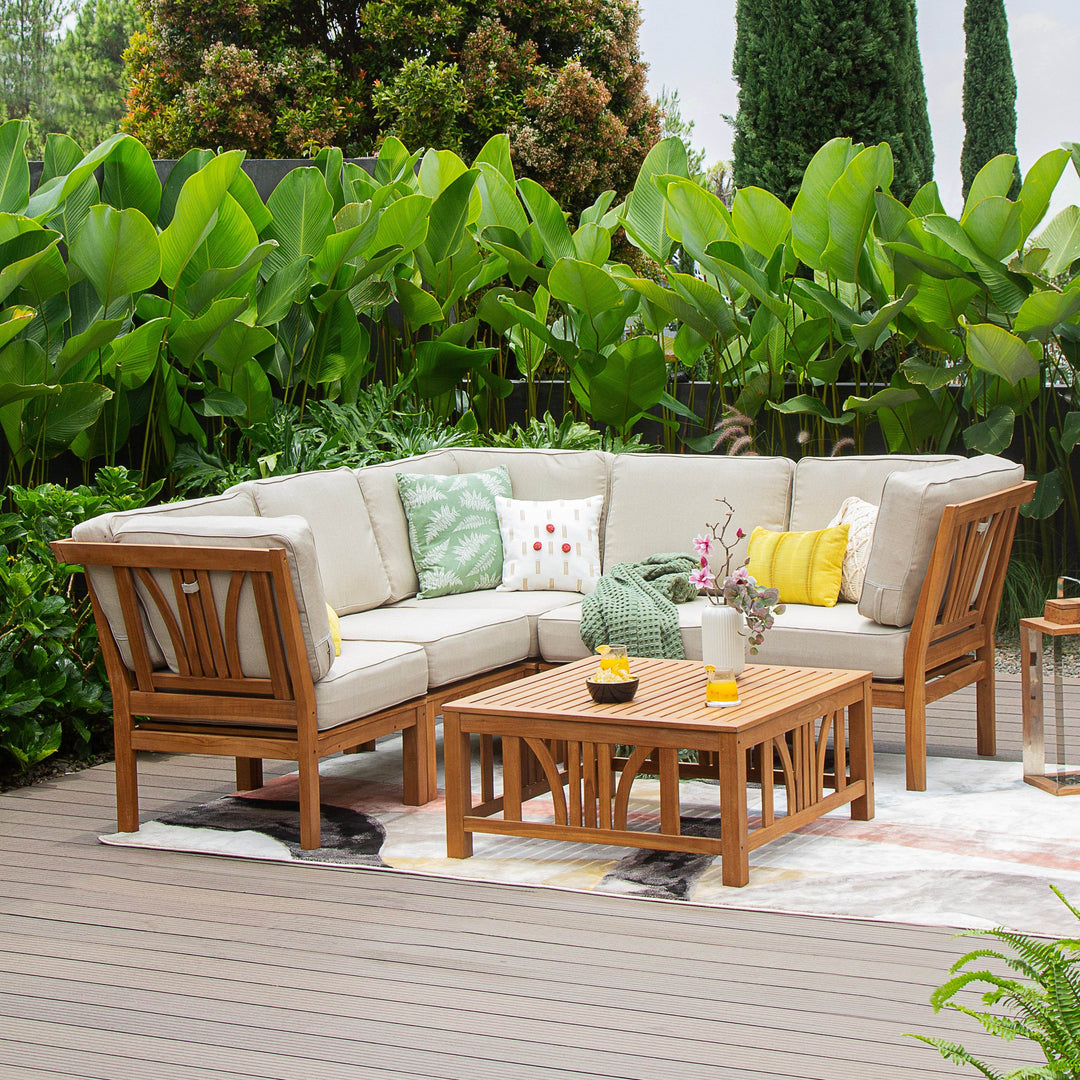 Abbington Teak Wood 6 Pieces Patio Sectional Set with Beige Cushion - Cambridge Casual [DETAILS]