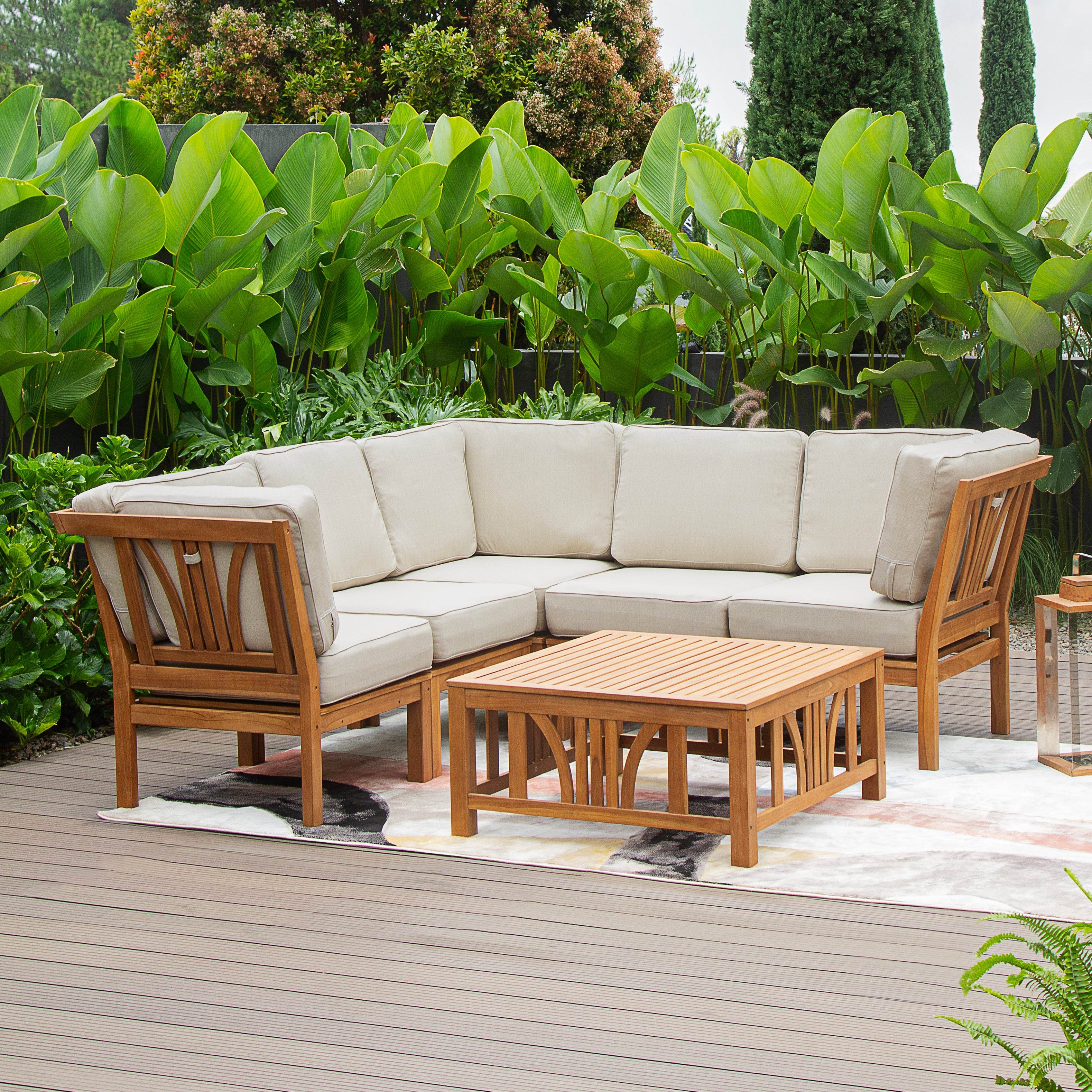Abbington Teak Wood 6-Piece Outdoor Patio Sectional Set Beige