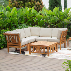 Abbington Teak Wood 6 Pieces Patio Sectional Set with Beige Cushion - Cambridge Casual
