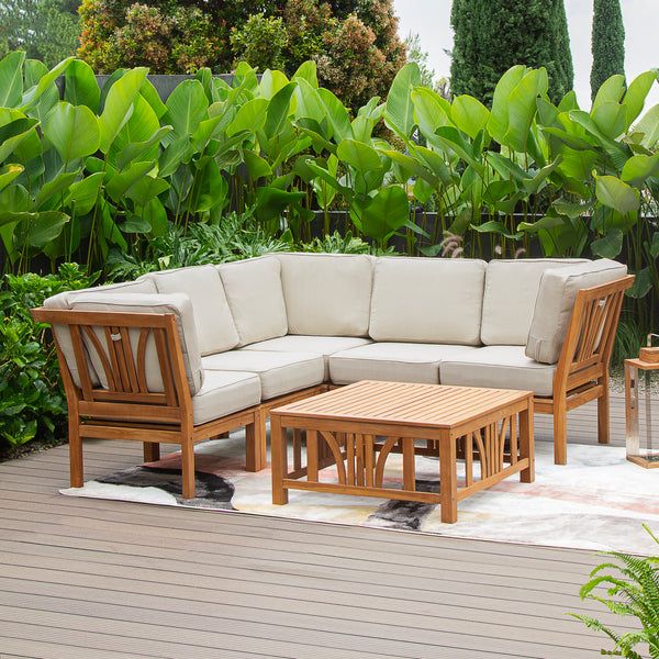 Abbington Teak Wood 6 Pieces Patio Sectional Set with Beige Cushion