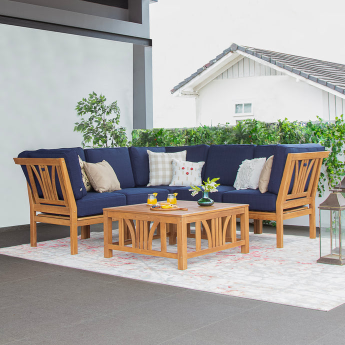 Abbington Teak Wood 6 Pieces Patio Sectional Set with Navy Cushion