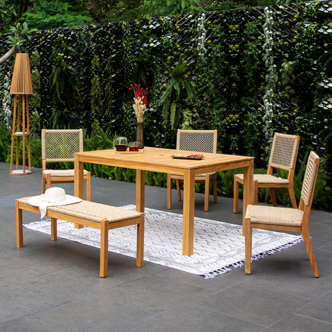 Paxton Teak Wood 6 Pieces Outdoor Dining Set with Honey Twist Wicker