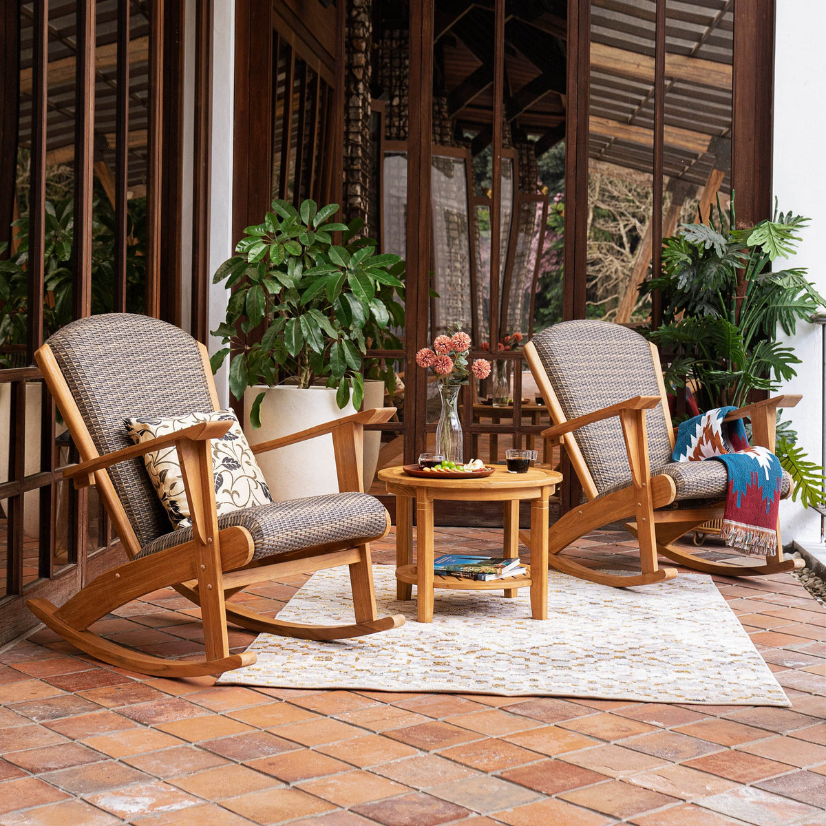 Camden Teak Wood 3-Piece Outdoor Rocker Conversation Set with Padded ...