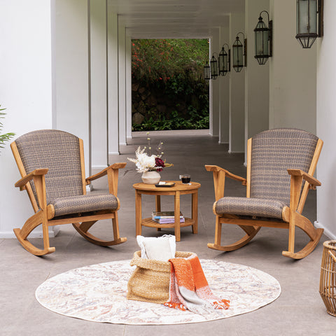 Auburn Upholstered Teak Wood 3 Pieces Patio Rocker Conversation Set