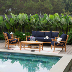 Abbington Solid Teak Wood 4 Piece Patio Conversation Set with Navy Cushion