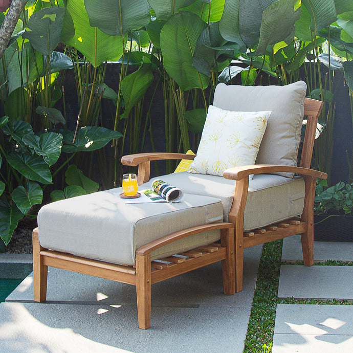 Caterina Teak Wood Outdoor Lounge Chair with Ottoman Beige Cushion