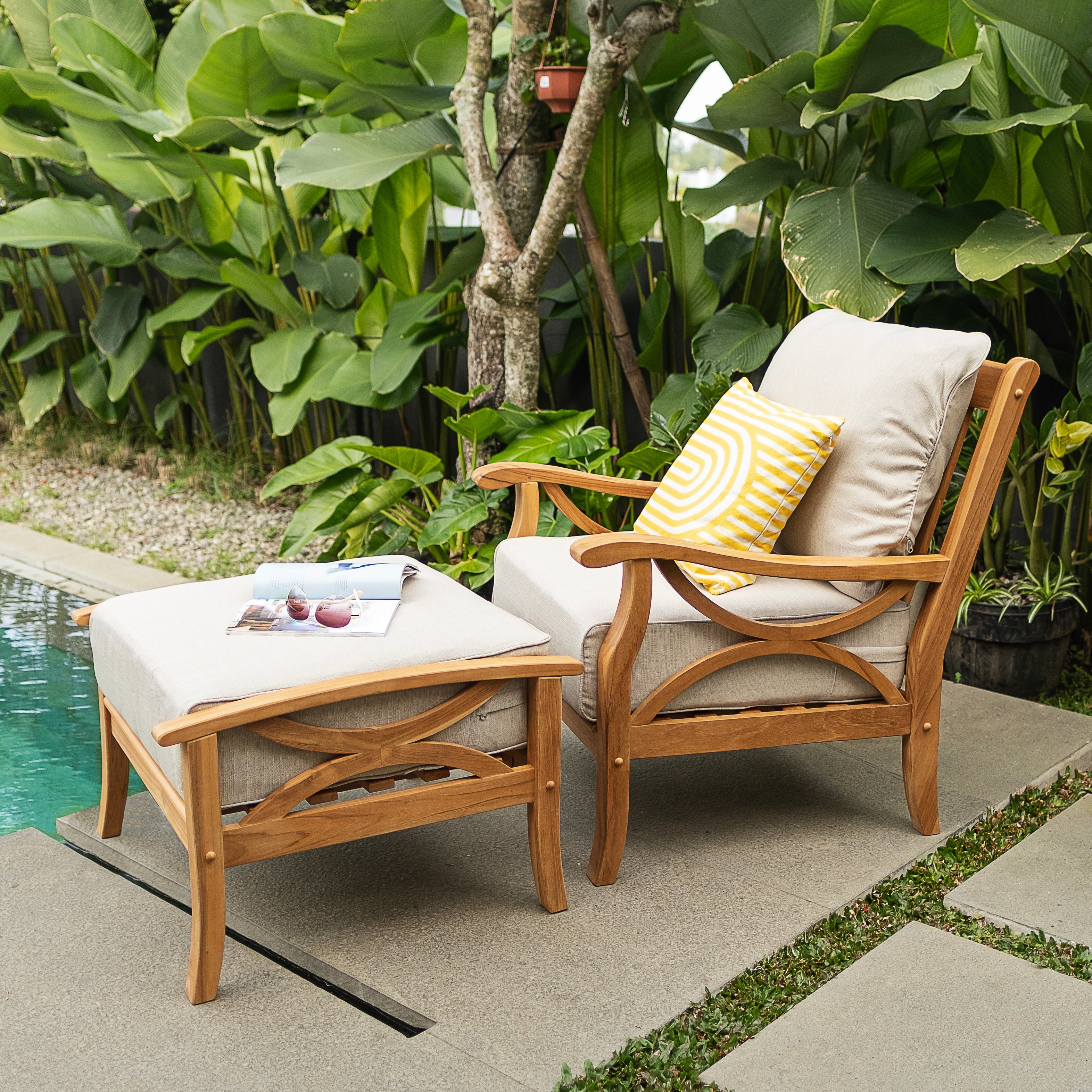 Abbington Teak Wood Outdoor Lounge Chair with Ottoman Beige