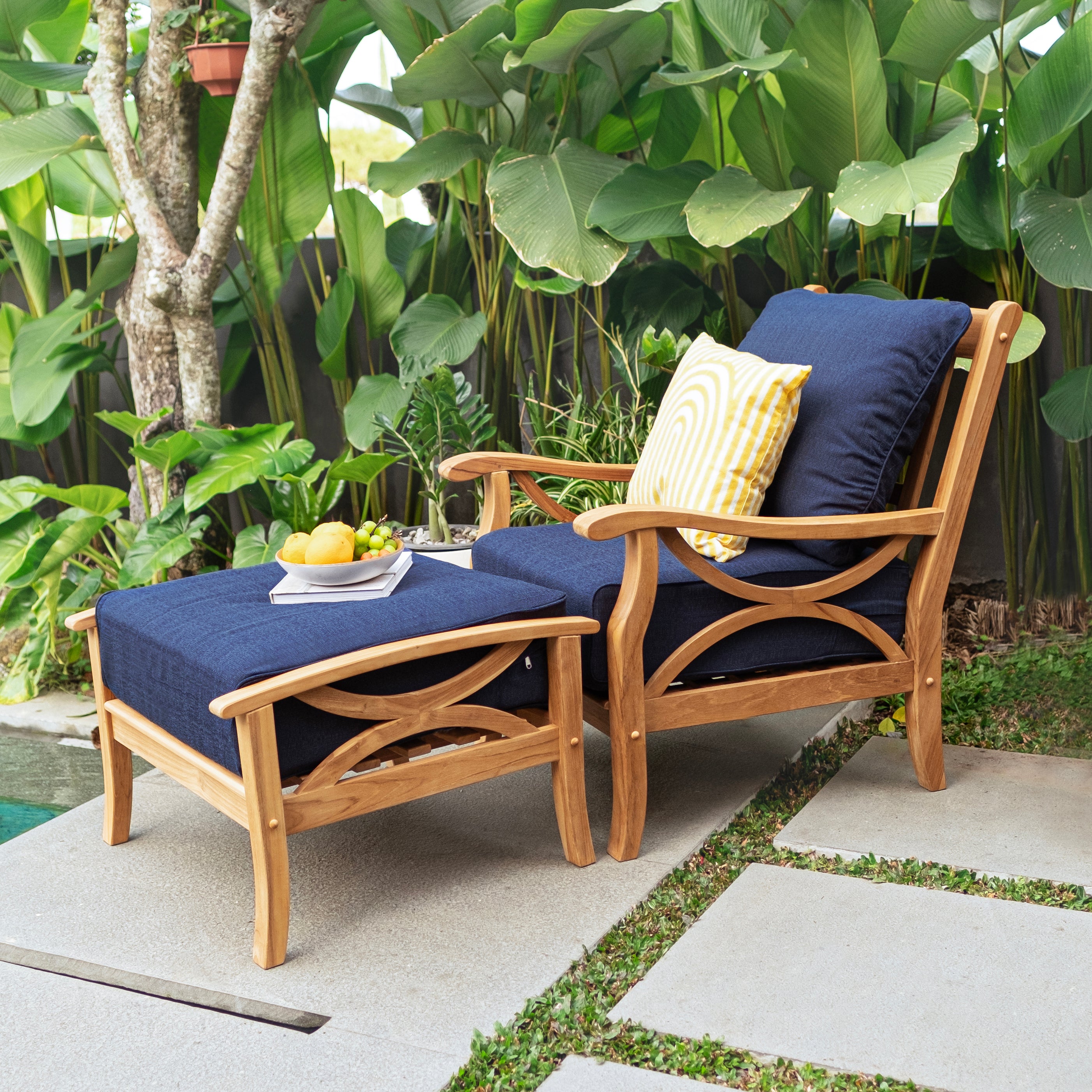 Abbington Teak Wood Outdoor Lounge Chair with Ottoman Navy Cushion