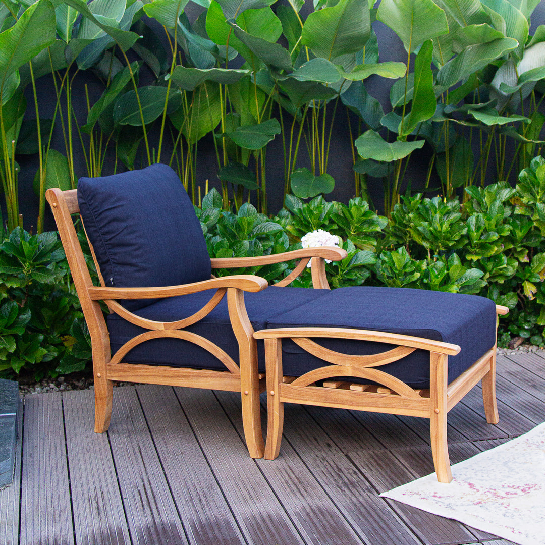 [DETAILS] Abbington Teak Wood Outdoor Lounge Chair with Ottoman Navy Cushion