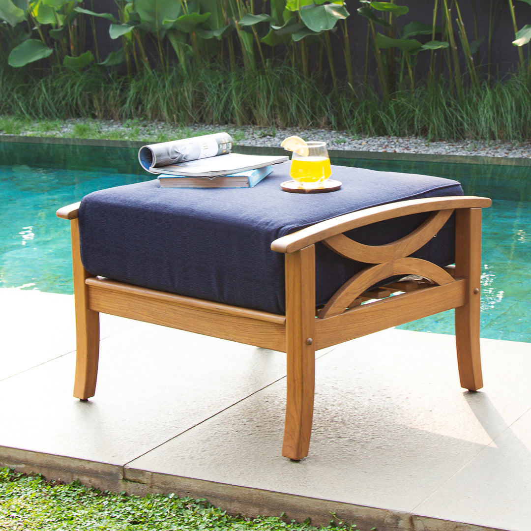 [DETAILS] Abbington Teak Wood Outdoor Ottoman Navy Cushion