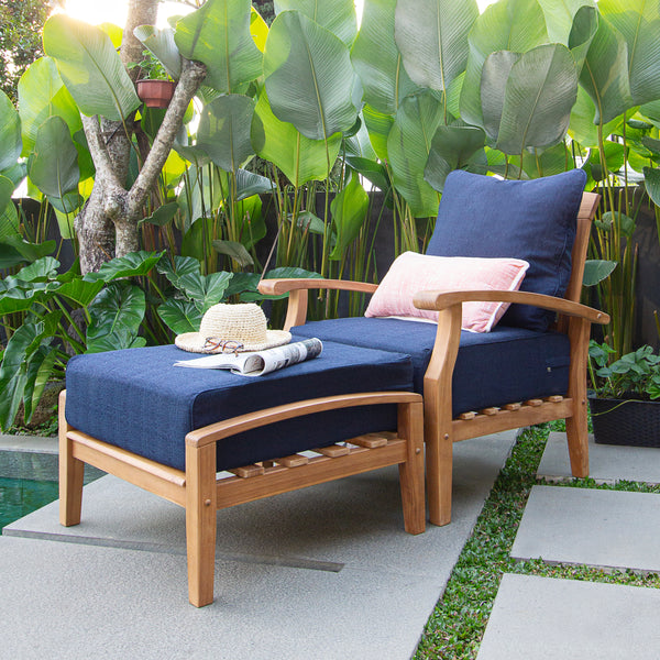 Caterina Teak Wood Outdoor Lounge Chair with Ottoman Navy Cushion