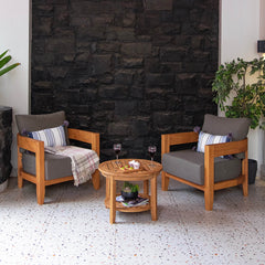 Harper Teak Wood Outdoor 3 Piece Conversation Set with Gray Cushion