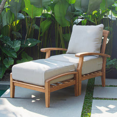 Caterina Teak Wood Outdoor Lounge Chair with Ottoman Beige Cushion
