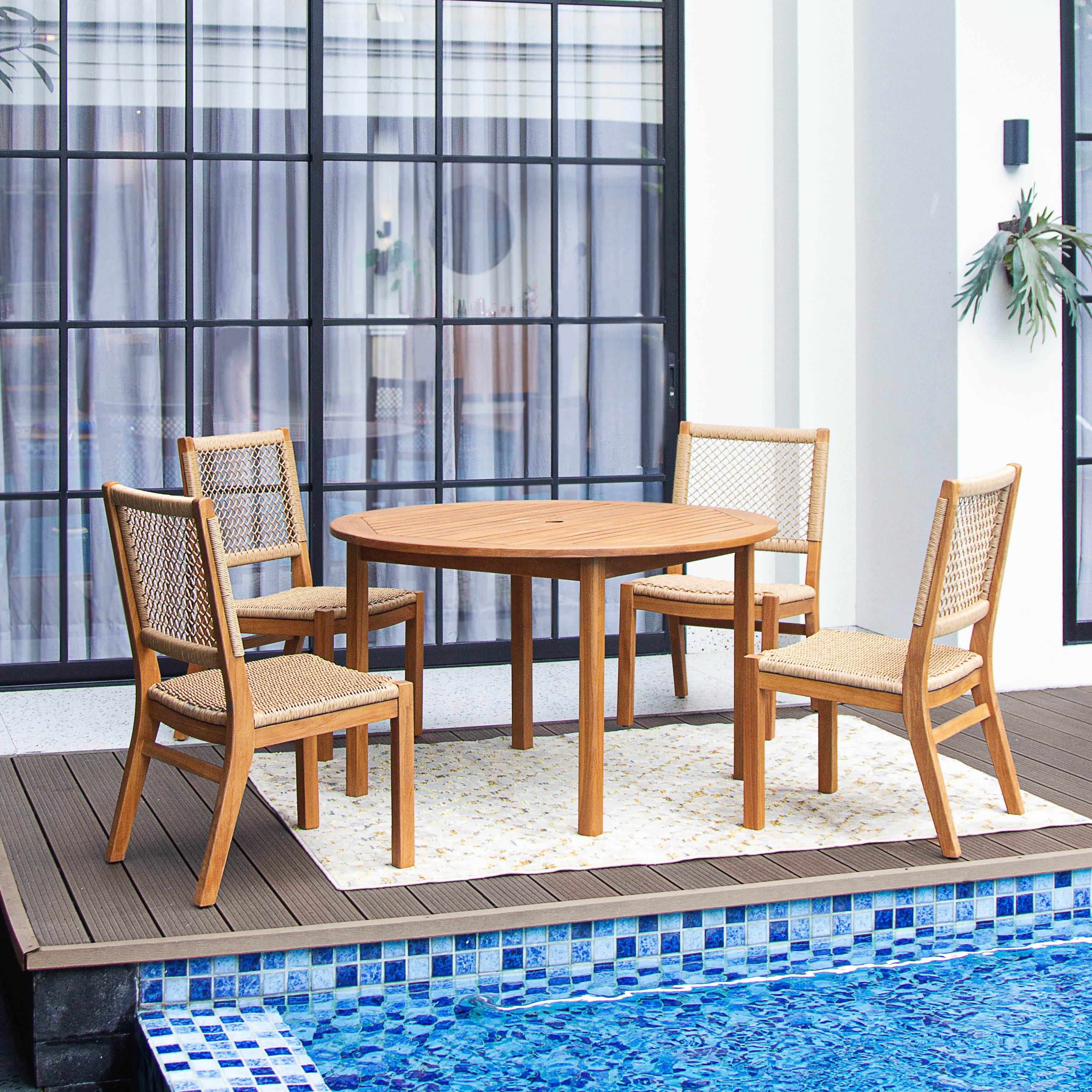 Eden 5 Piece Teak Wood Outdoor Dining Round Table with Tan Polyrope - Cambridge Casual