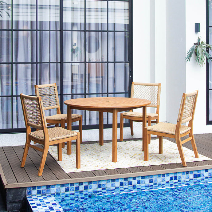 Eden 5 Piece Teak Wood Outdoor Dining Round Table with Tan Polyrope - Cambridge Casual