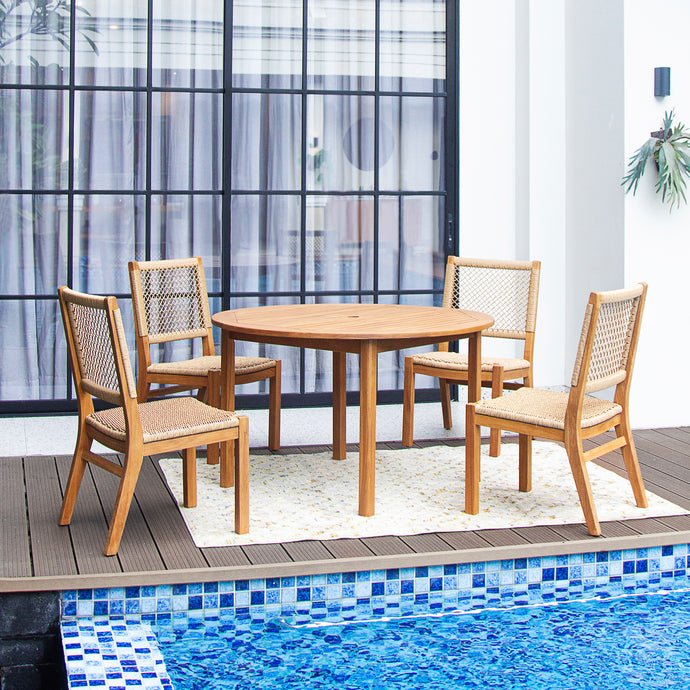 Carmel Teak Wood 5 Pieces Patio Dining Set with Honey Twist Wicker
