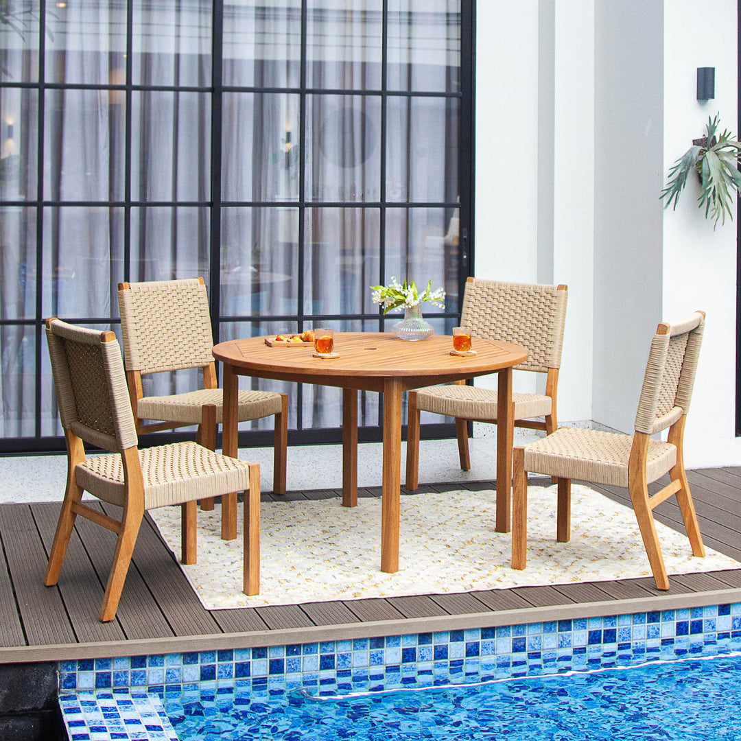 [DETAILS] Eden 5 Piece Teak Wood Outdoor Dining Set with Tan Polyrope - Cambridge Casual