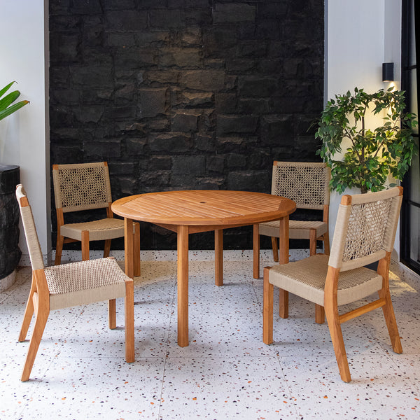Eden 5 Piece Teak Wood Outdoor Dining Round Table with Tan Polyrope
