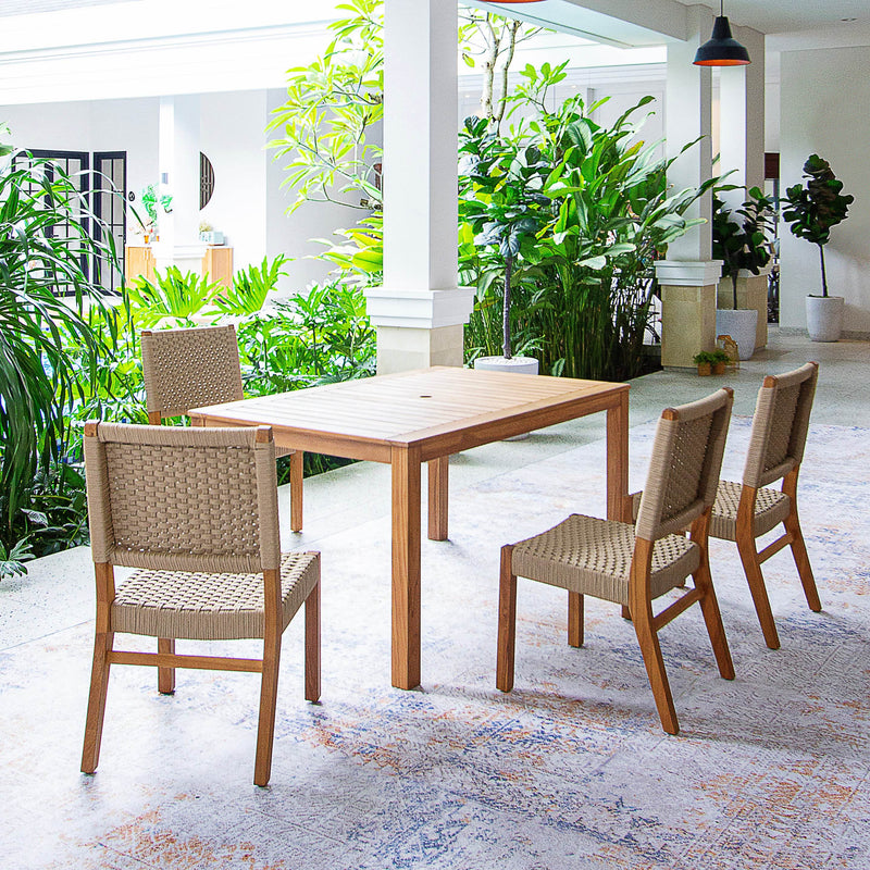 Eden 5 Piece Teak Wood Outdoor Rectangular Dining Table with Tan Polyrope - Cambridge Casual