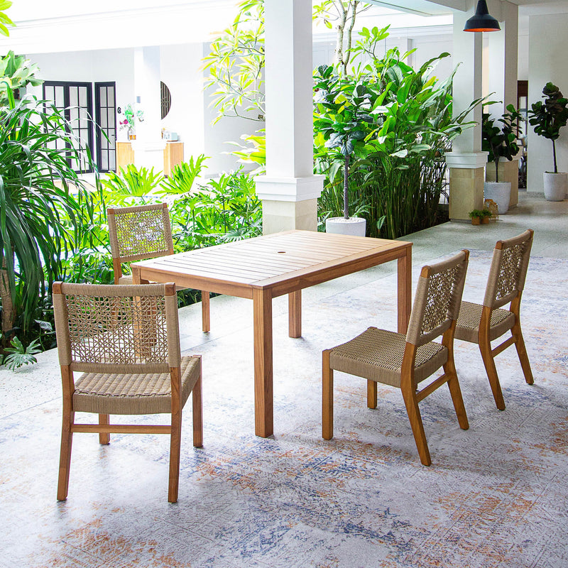 Eden Teak Wood 5 Pieces Outdoor Rectangular Dining Table with Tan Polyrope - Cambridge Casual