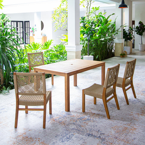 Eden Teak Wood 5 Pieces Outdoor Rectangular Dining Table with Tan Polyrope