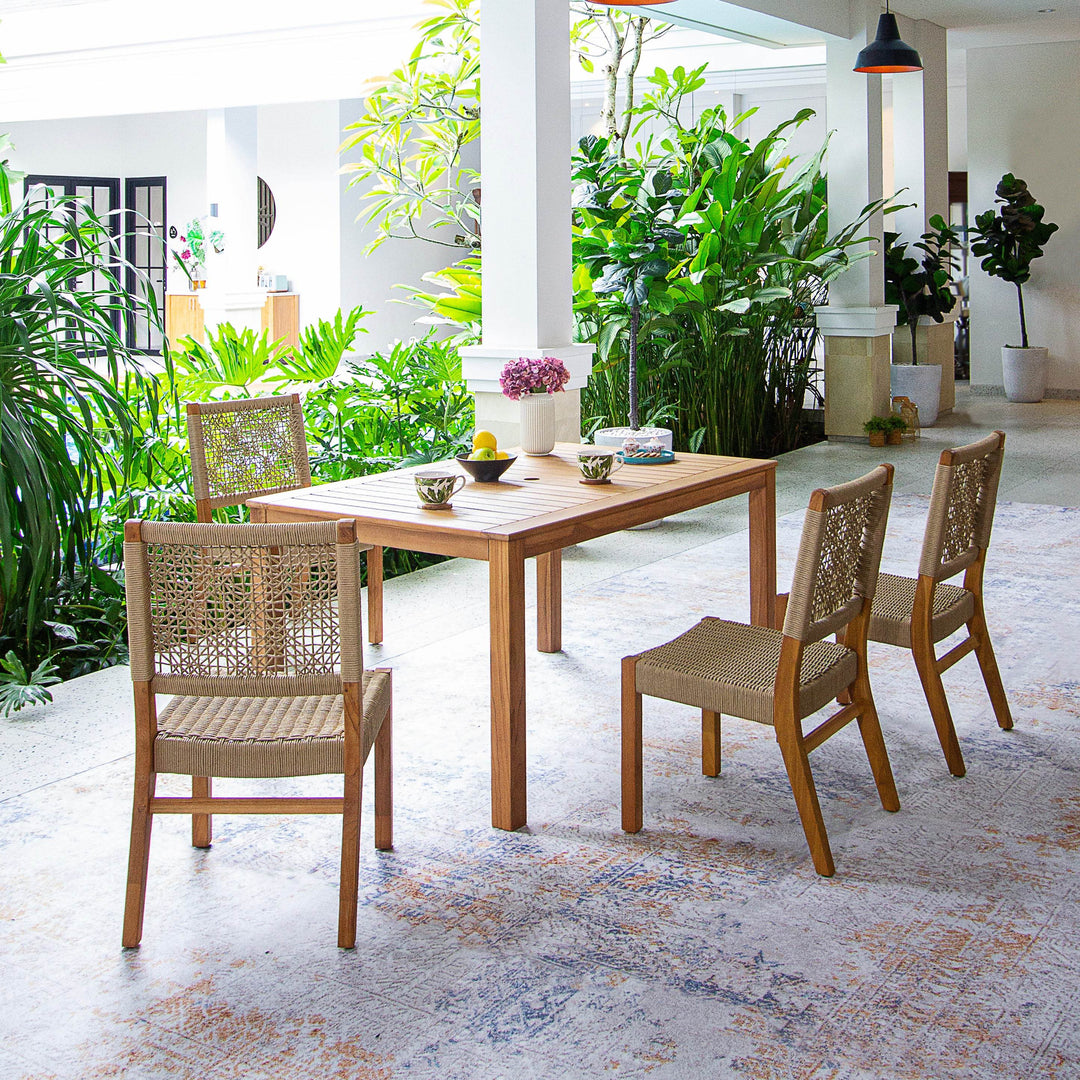 Eden Teak Wood 5 Pieces Outdoor Rectangular Dining Table with Tan Polyrope - Cambridge Casual [DETAILS]