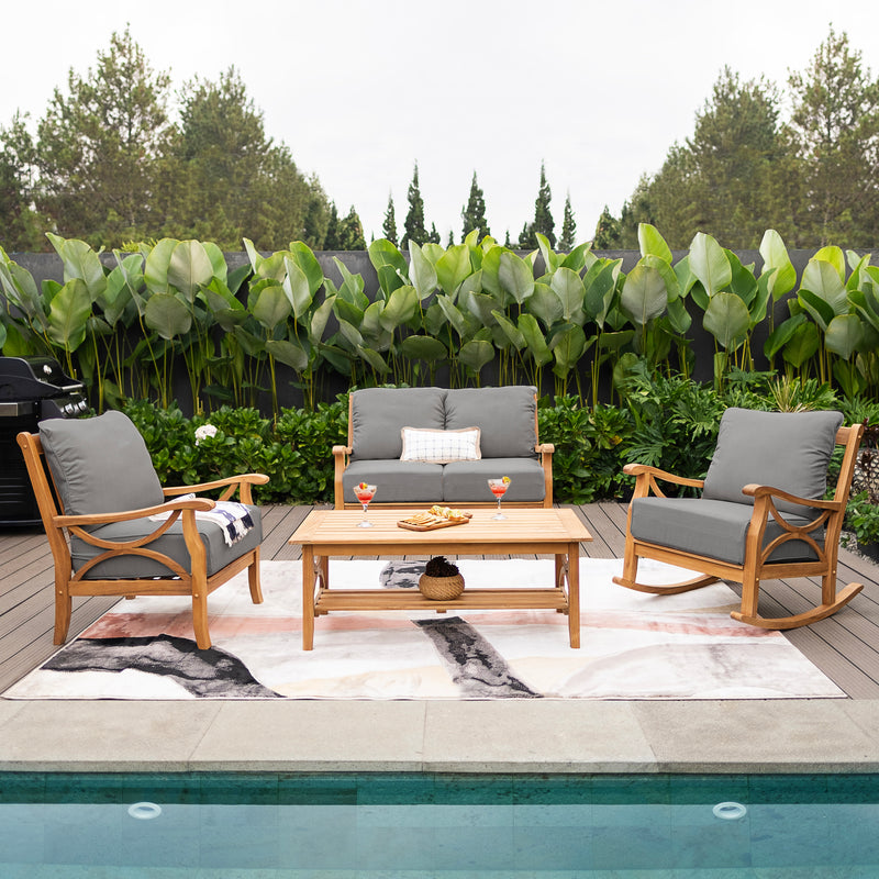 Abbington Teak Wood 4 Piece Patio Conversation Set with Gray Cushion