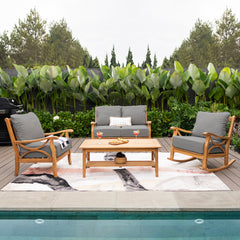 Abbington Teak Wood 4 Piece Patio Conversation Set with Gray Cushion