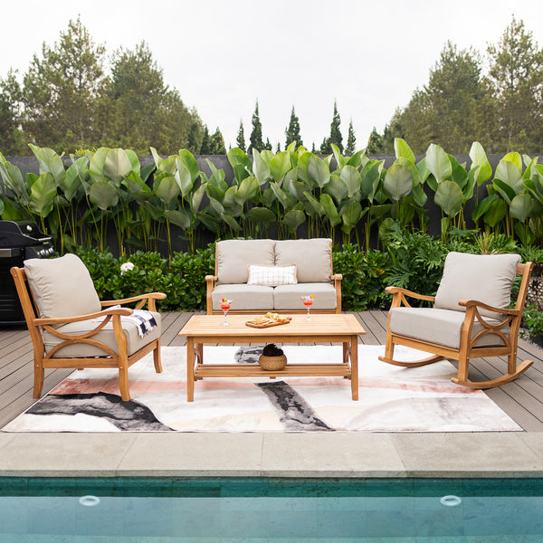 Abbington Teak Wood 4 Piece Patio Conversation Set with Beige Cushion